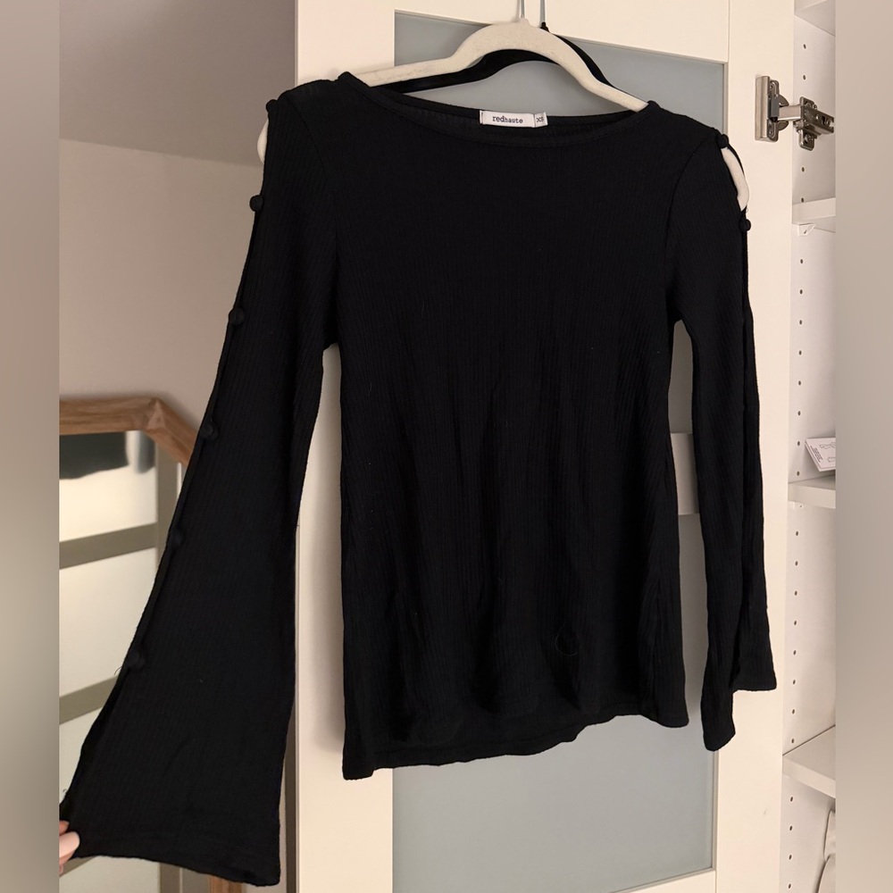 Red Haute Black Ribbed Long Sleeve Top with Shoulder Button Accents